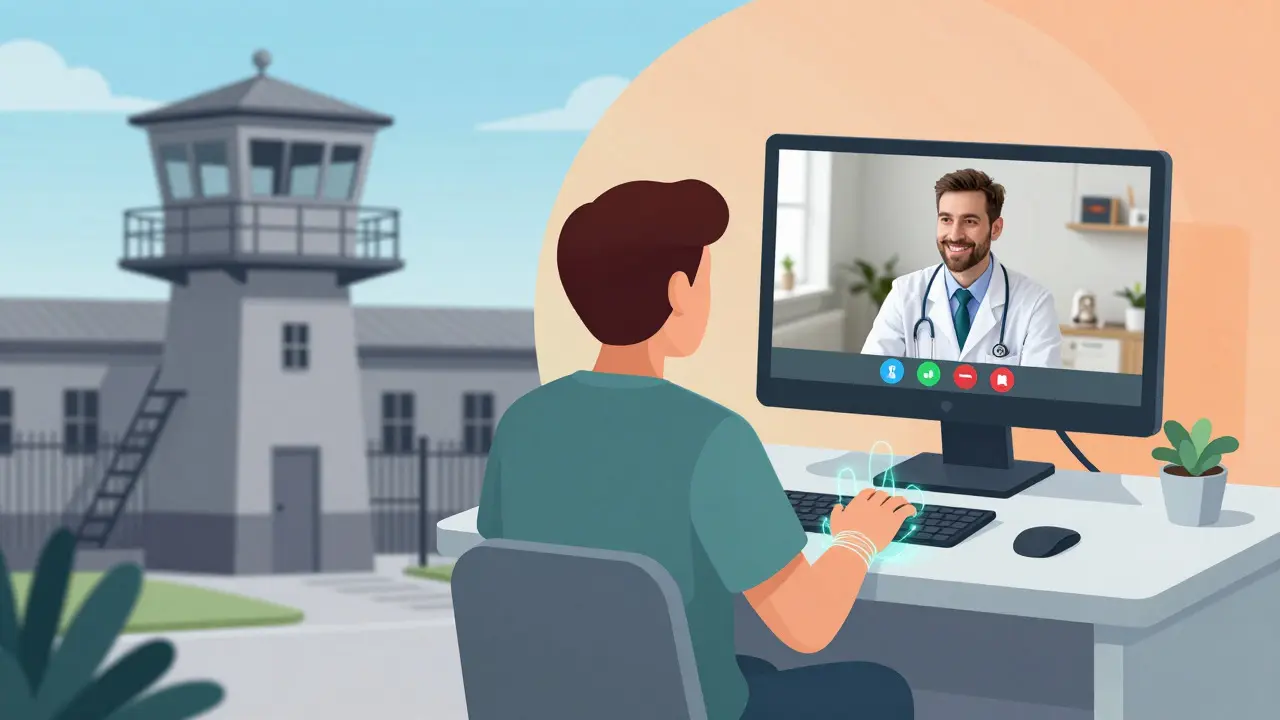 Illustration comparing traditional prison surveillance with modern telepsychiatry care