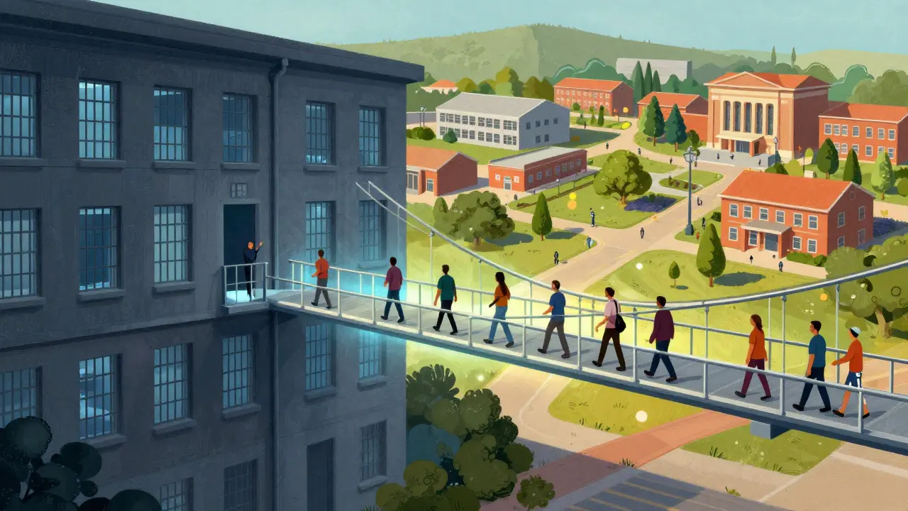 Illustration of a bridge connecting a prison environment to a vibrant community setting