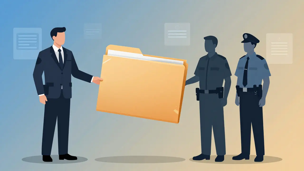Illustration of a manila folder being passed between federal, state, and local law enforcement figures