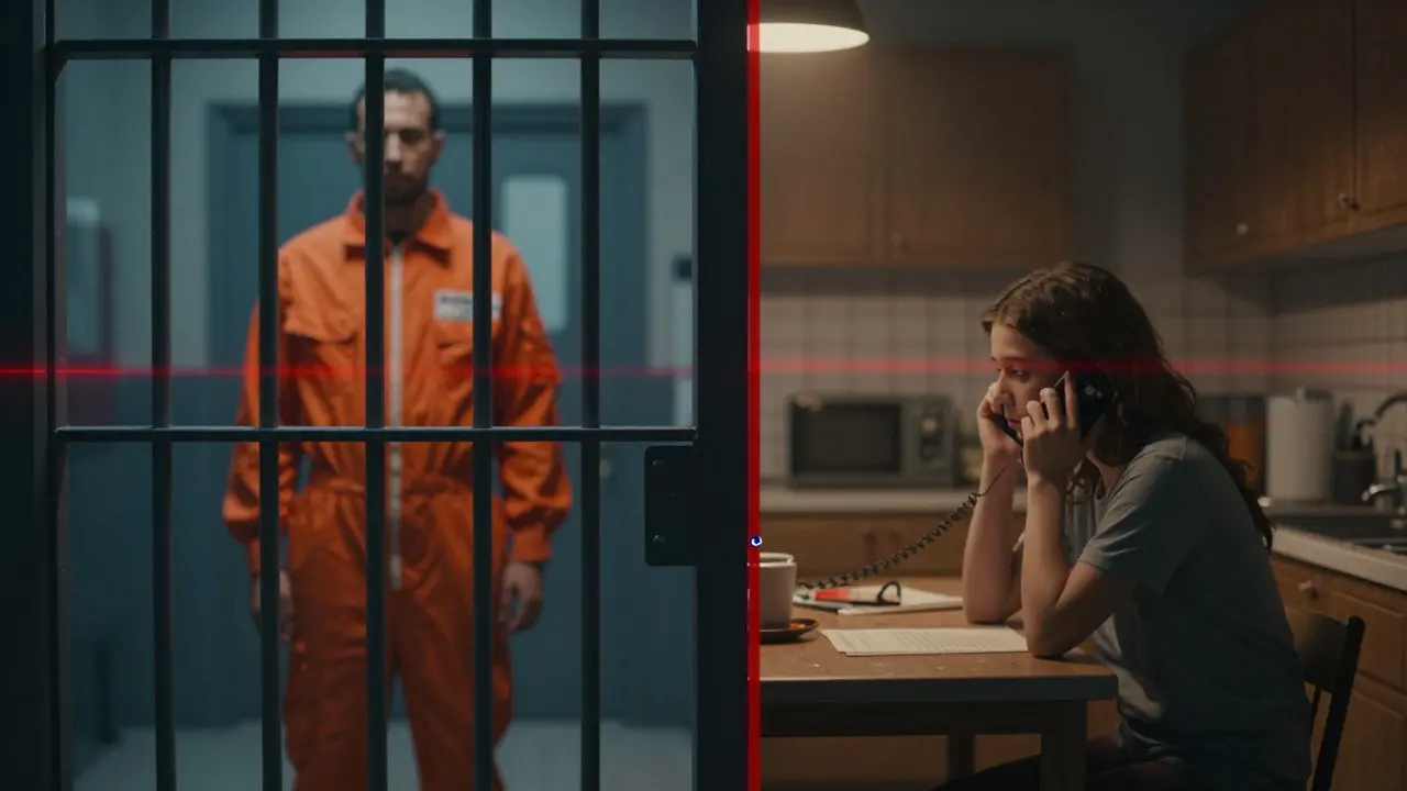 Illustration of a prisoner behind bars separated from a family member on the phone