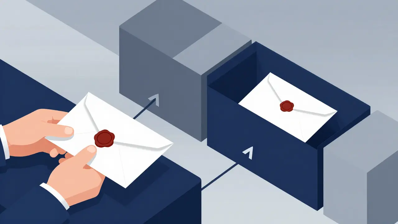Illustration of a sealed document moving through abstract security barriers