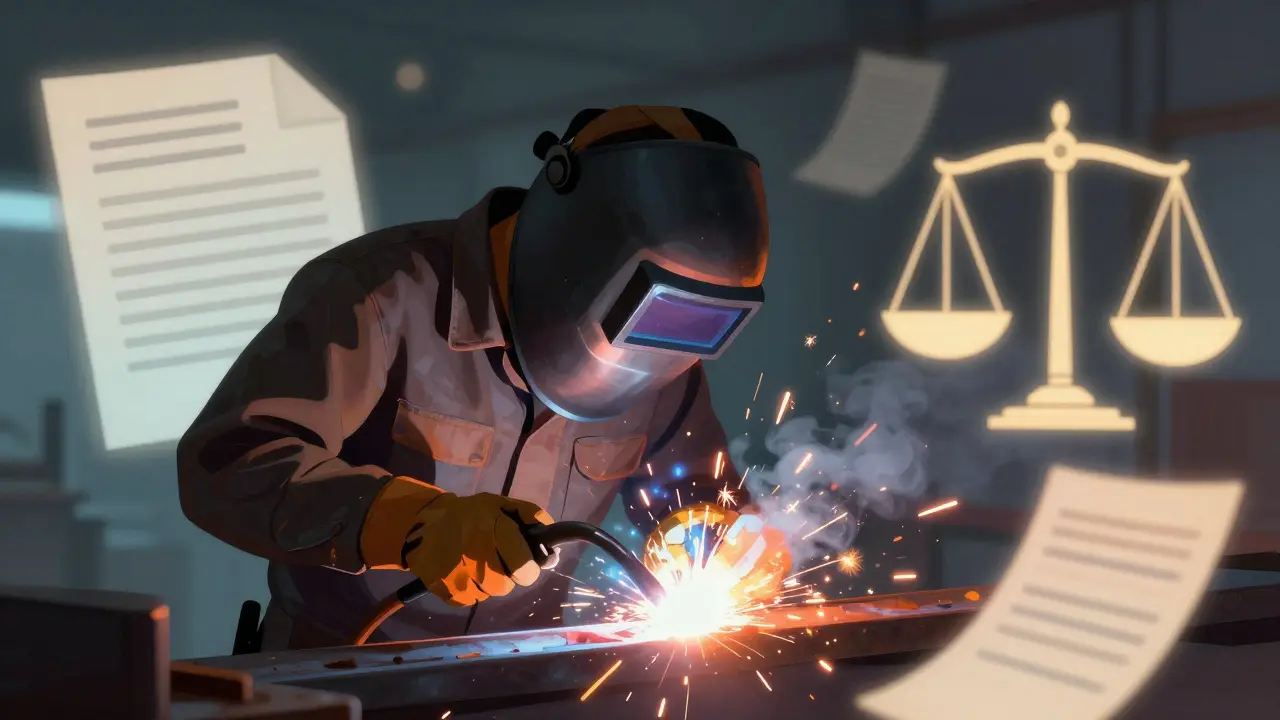 Illustration of a welder working amidst abstract symbols of law and justice