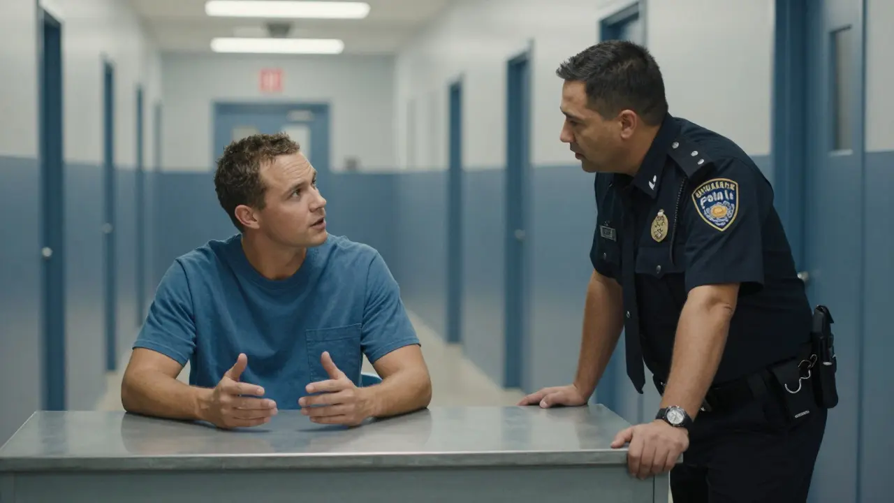 Inmate and correctional officer having a calm conversation at a desk