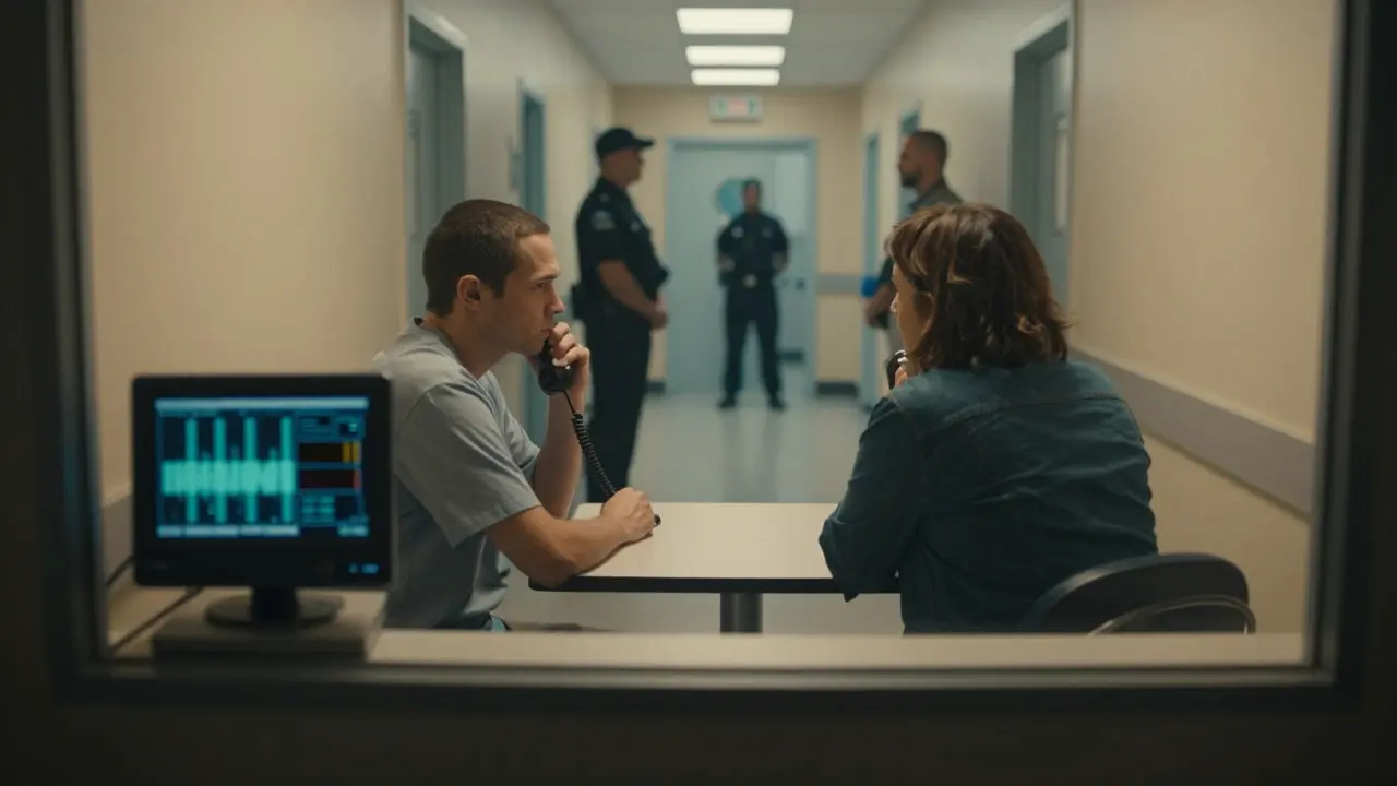 Inmate and family member talking through a glass partition in a visitation room
