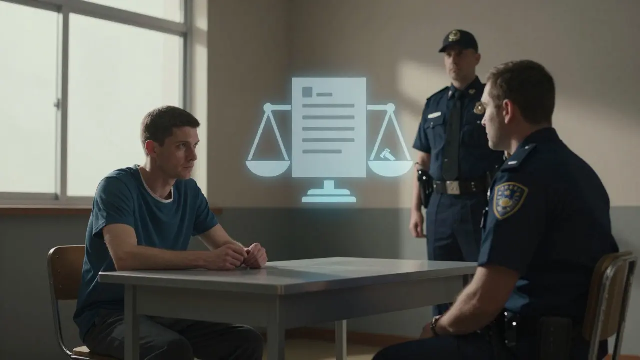 Inmate and officer facing each other across a table in a hearing room