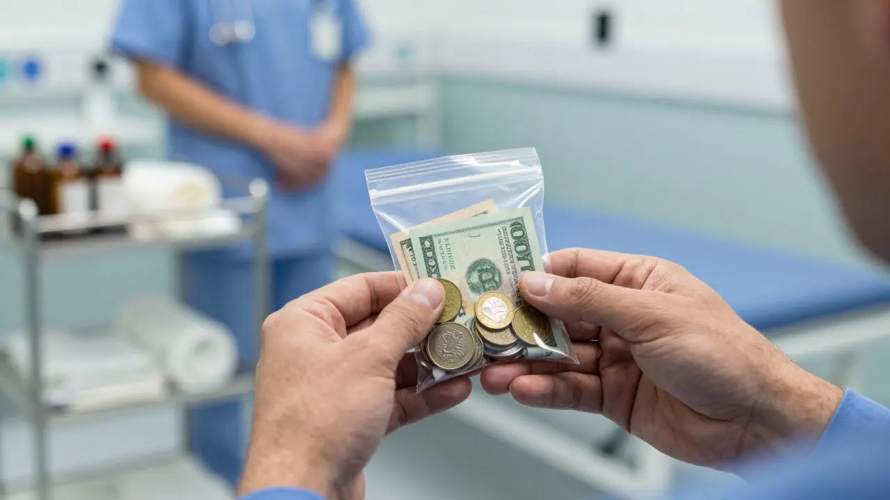 Inmate holding cash in a jail infirmary setting with a nurse in background