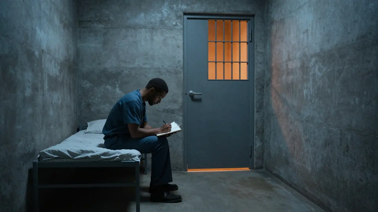 Inmate in a solitary cell writing in a notebook during twilight