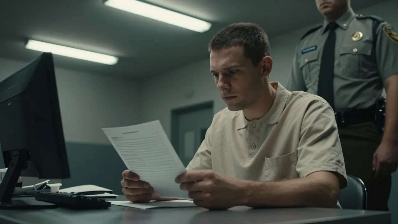 Inmate reviewing paperwork for a grievance in a prison office