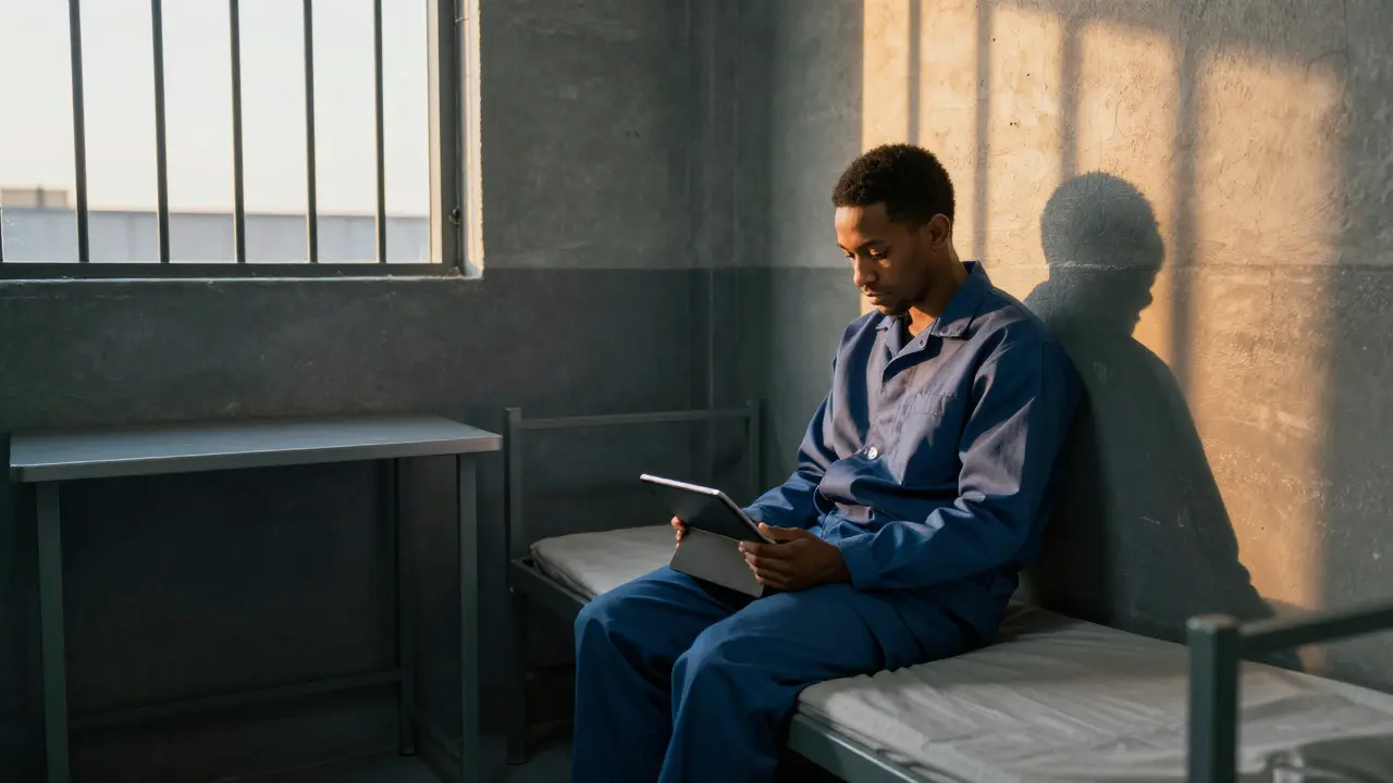 Inmate studying on a tablet in a sunlit prison cell during evening downtime