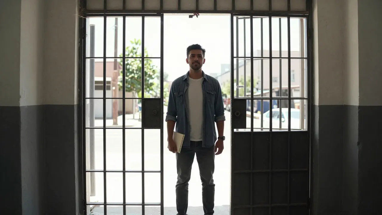 Inmate walking out of prison gate into sunlight