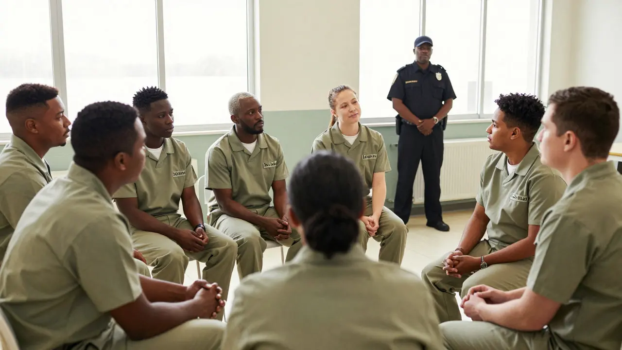 Inmates engaging positively with a counselor in a bright, calm room