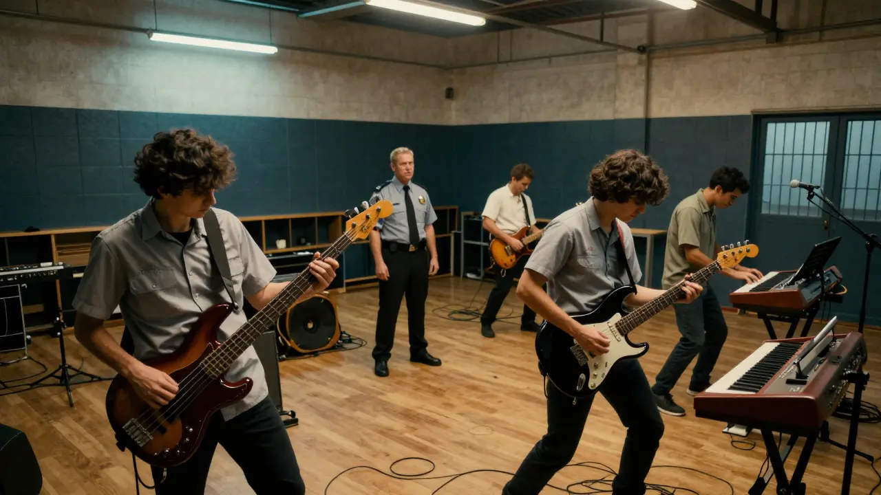 Inmates rehearsing a band under the watchful eye of a correctional officer