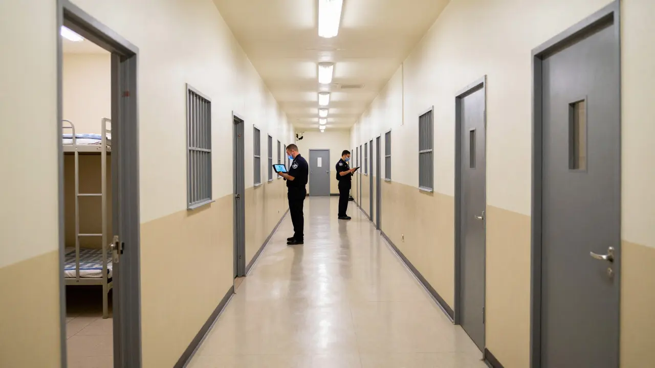 Interior view of a jail corridor showing different security unit types