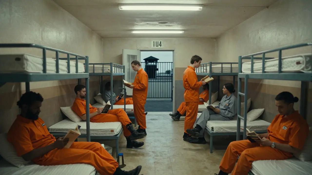 Interior view of a medium-security prison dormitory with bunk beds