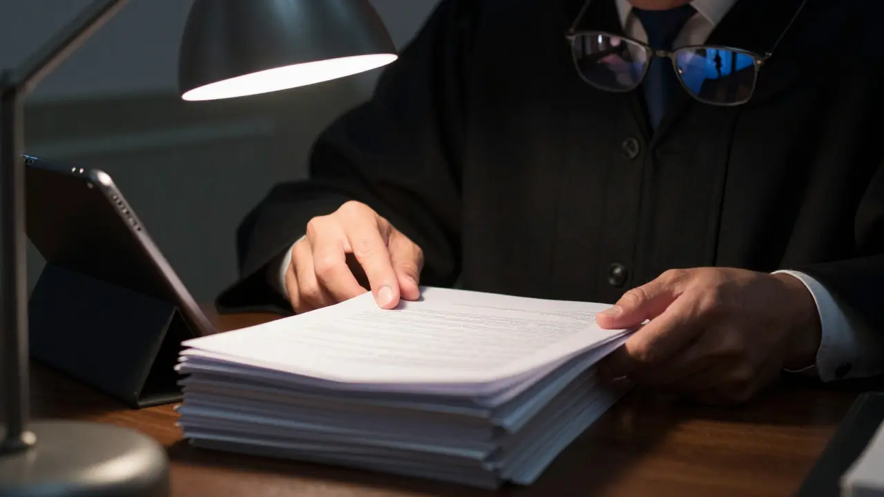 Judge reviewing audit files with prison hallway reflected in glasses