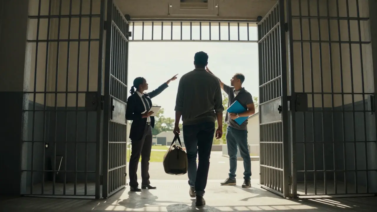 Man leaving prison gates while staff discuss his reentry plan