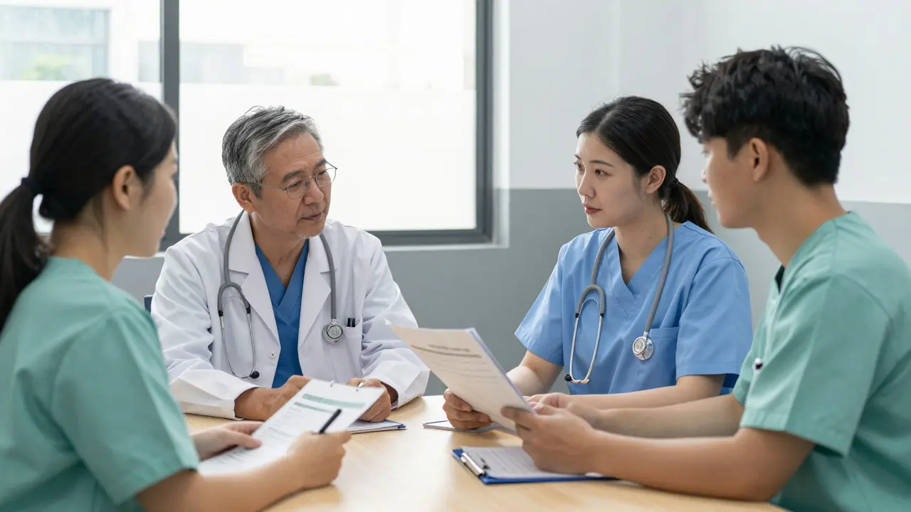 Medical staff collaborating on a patient's care plan in an office