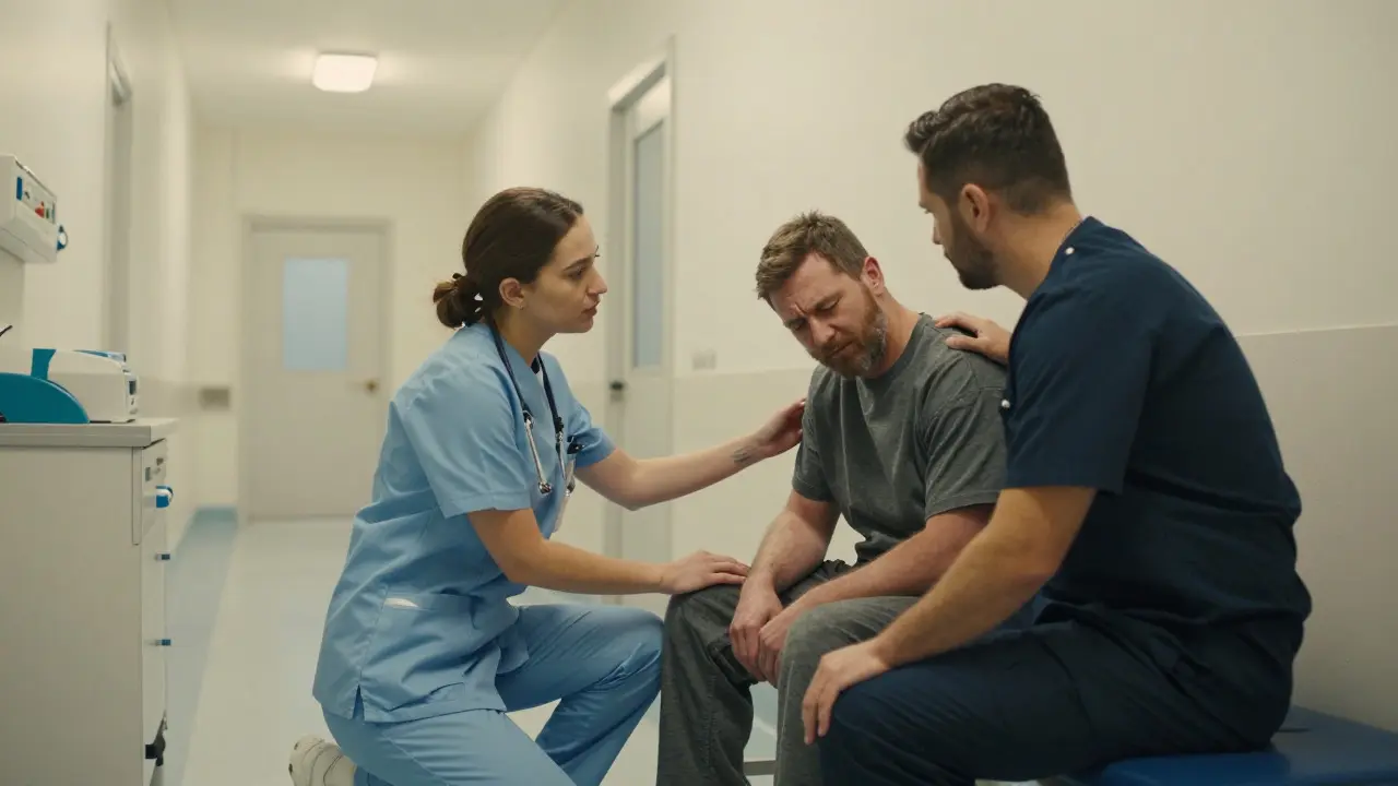 Medical staff using de-escalation techniques with an inmate in a prison triage room