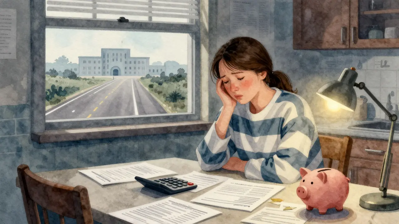 Mother reviewing bills at a table with a view of a distant prison