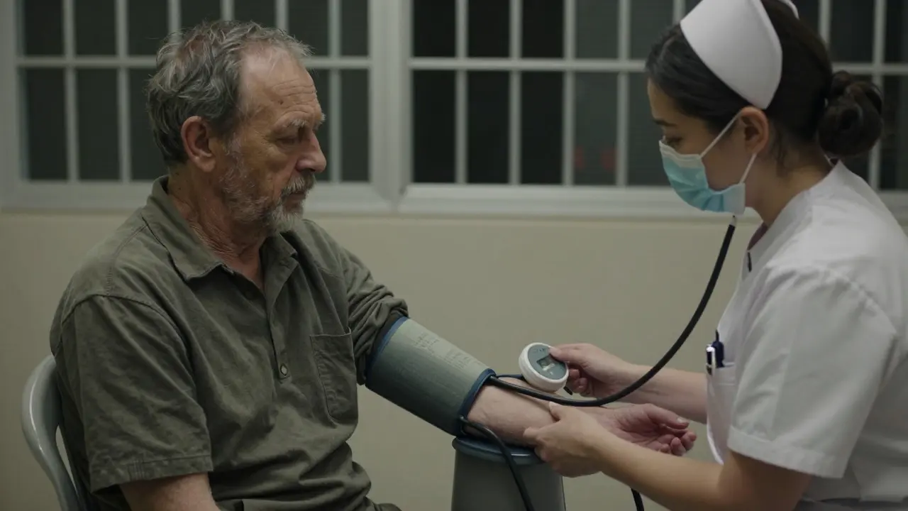 Nurse measuring blood pressure of an inmate in a secure prison common area