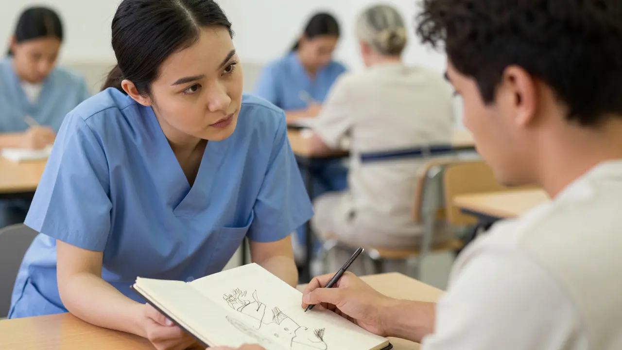 Nurse speaking gently to an inmate doing art therapy in a jail pod