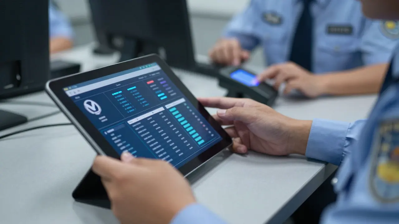 Officer using a tablet to manage digital visitor records at a desk
