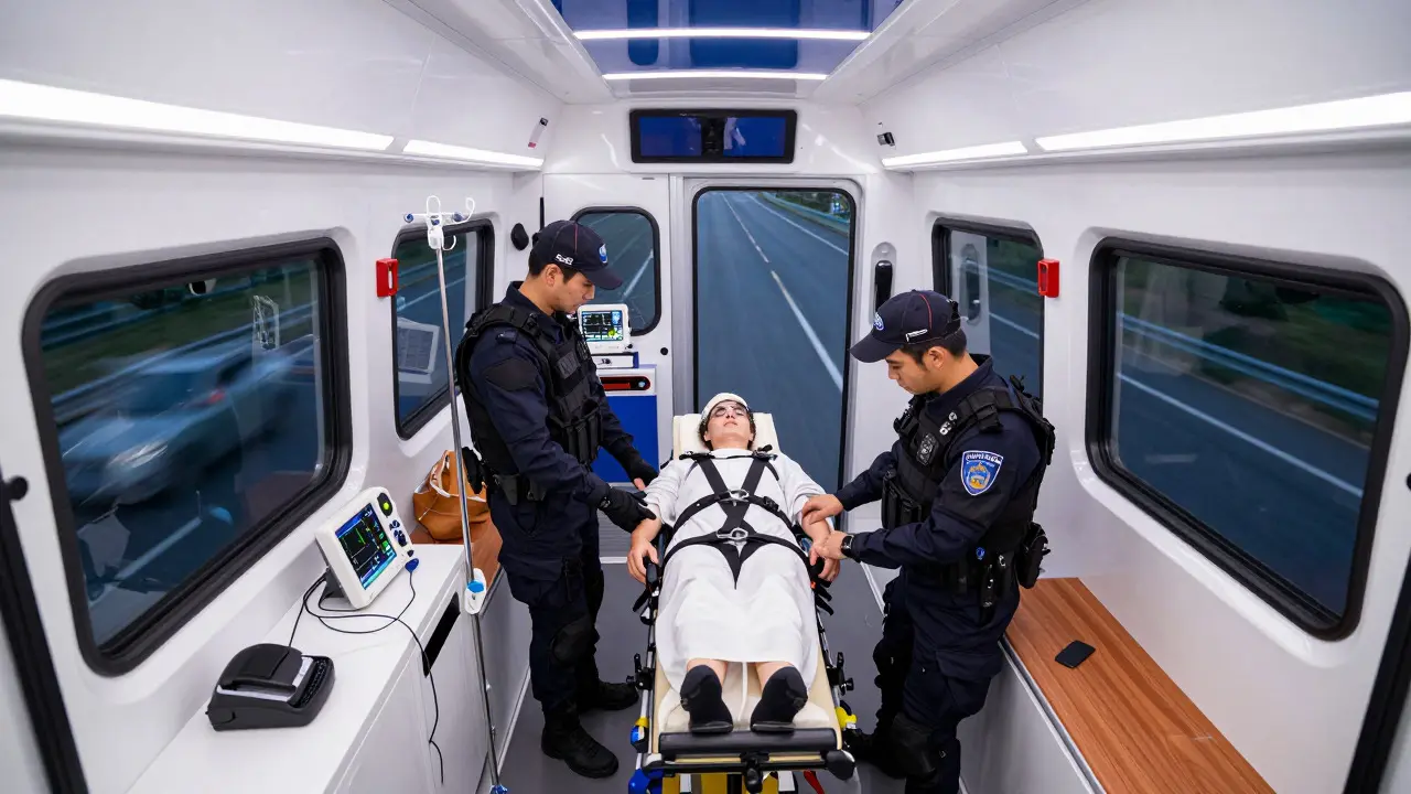 Paramedics treating a restrained prisoner inside a secure ambulance during transit