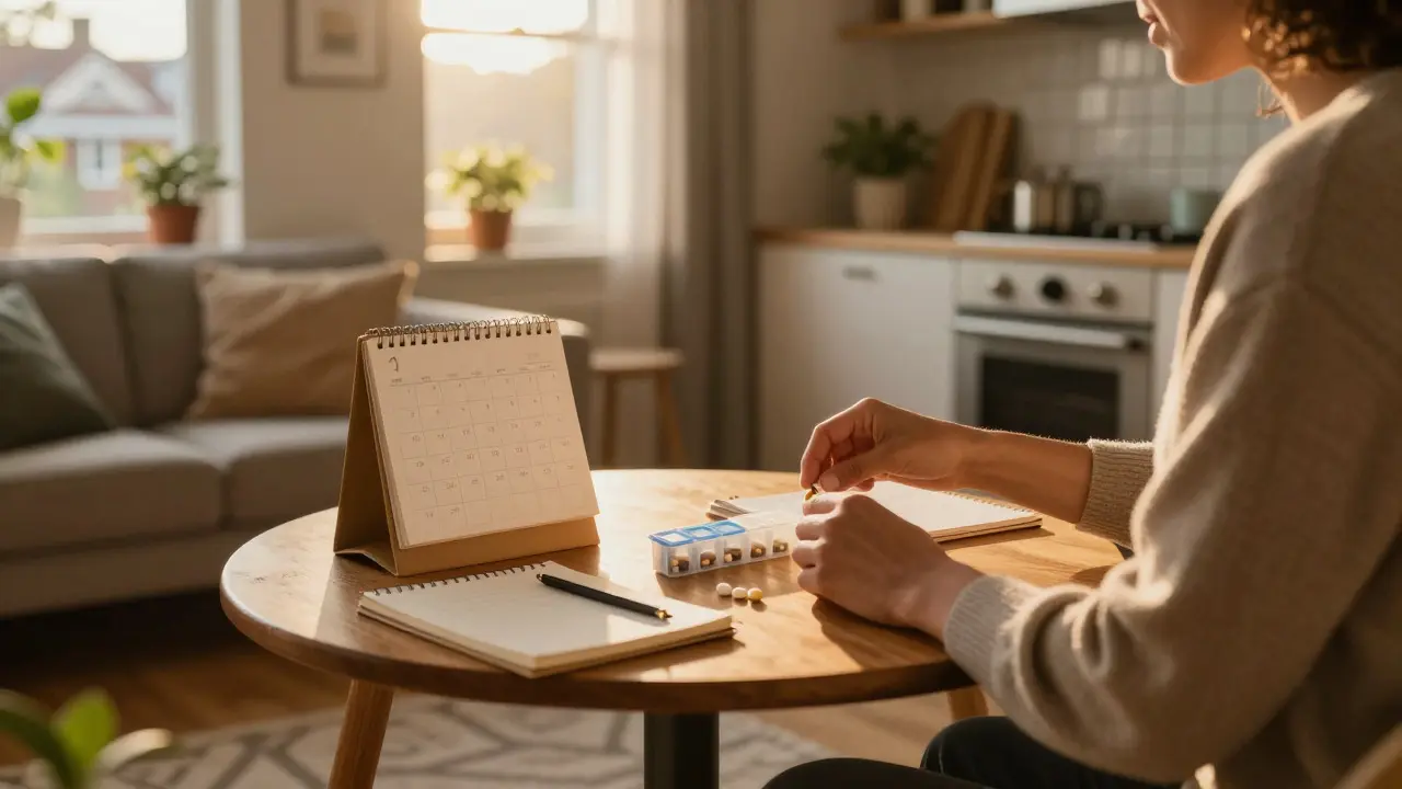 Person organizing medications at home in a stable apartment