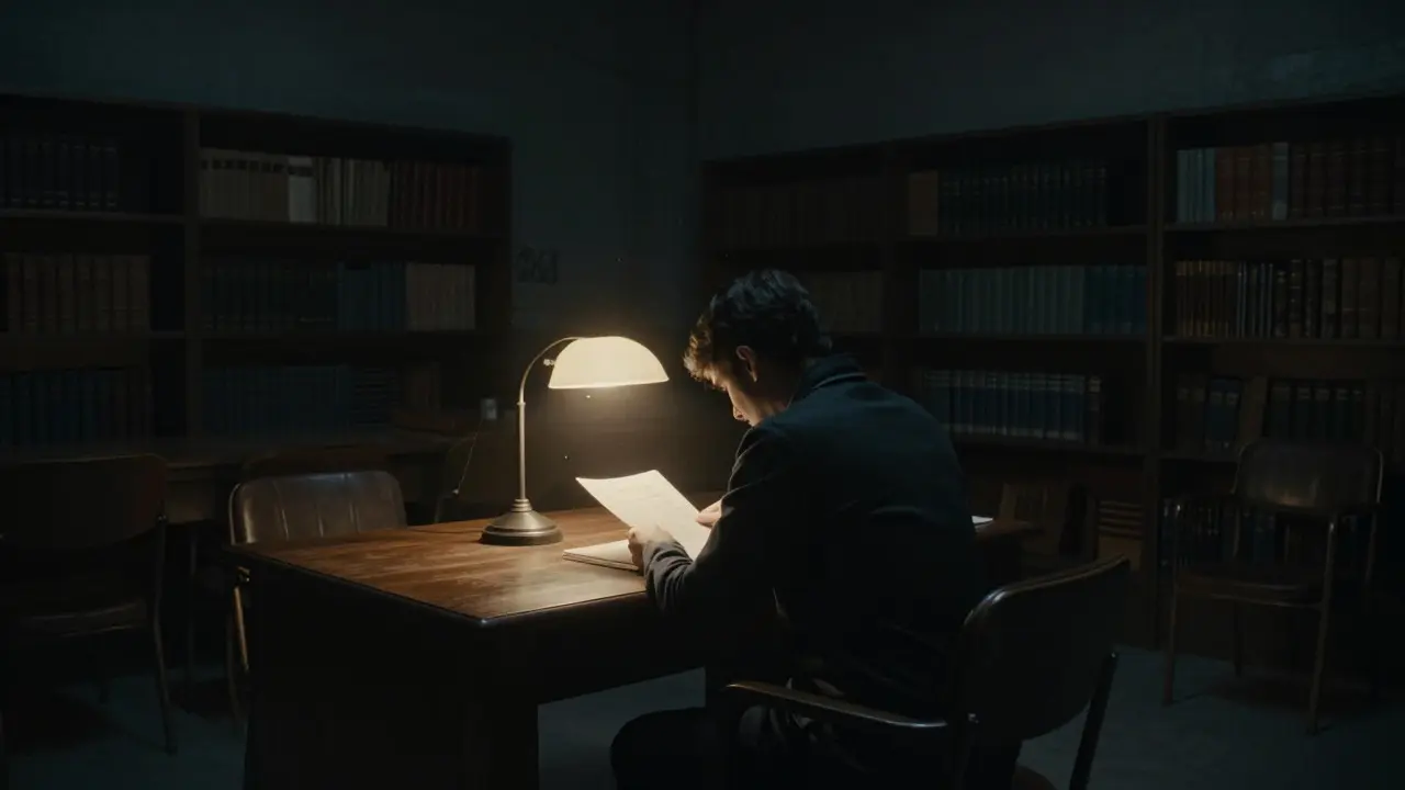 Person reviewing legal documents at a desk in a dimly lit prison library