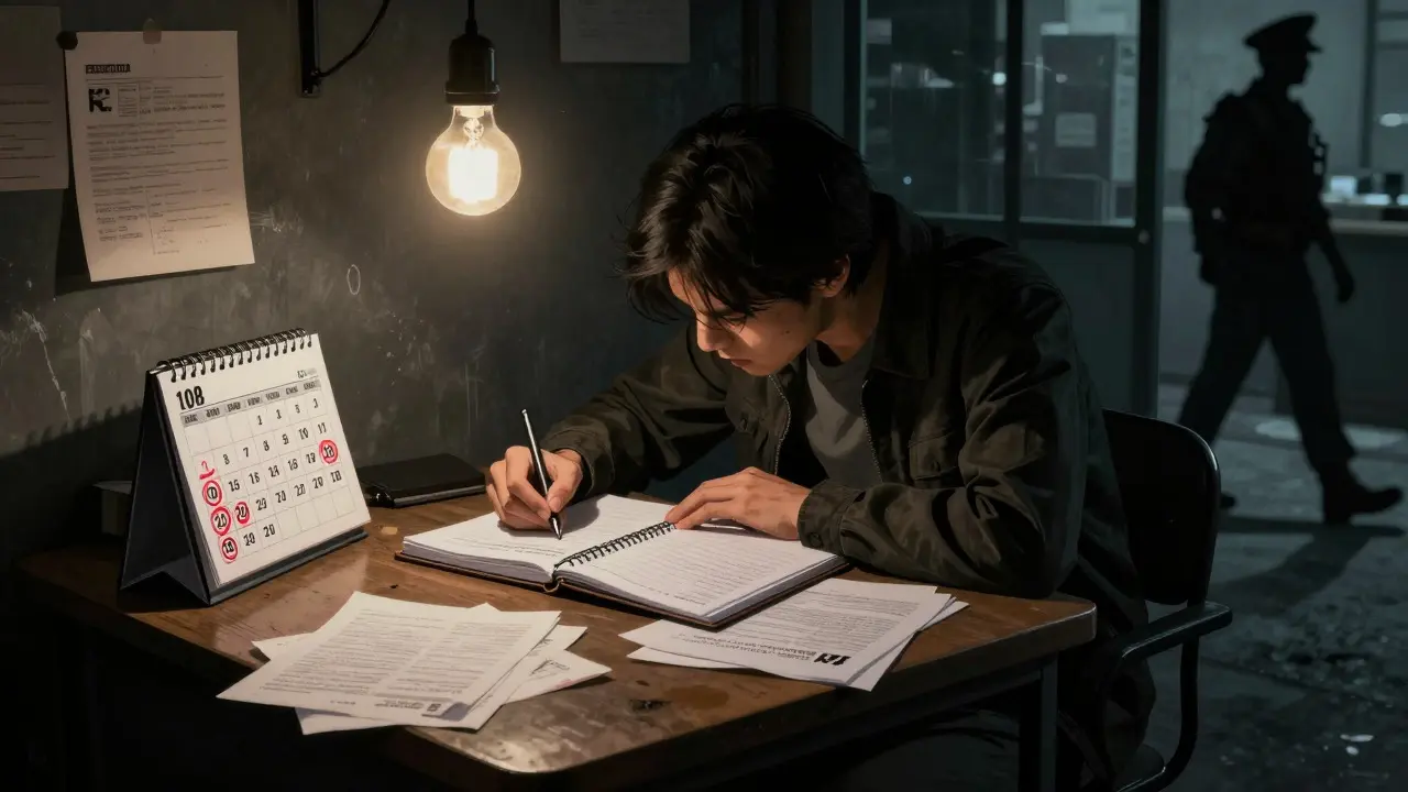 Person writing notes while reviewing policies under a single light