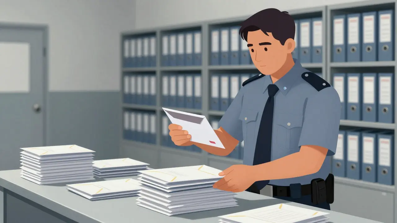Prison officer sorting mail, highlighting a protected legal letter among general correspondence