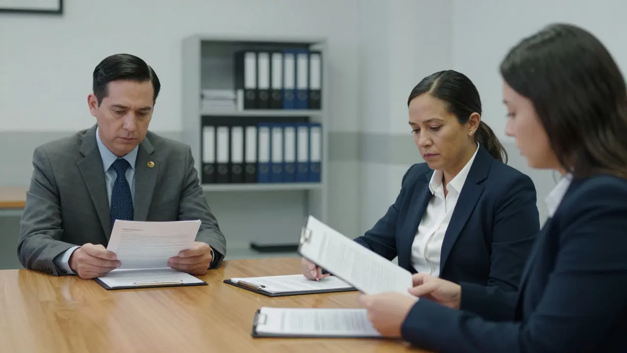 Prison officials reviewing inmate files during a classification committee meeting