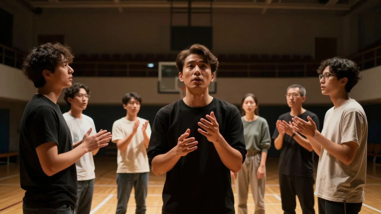 Prisoners performing a small ensemble theater piece in a gymnasium