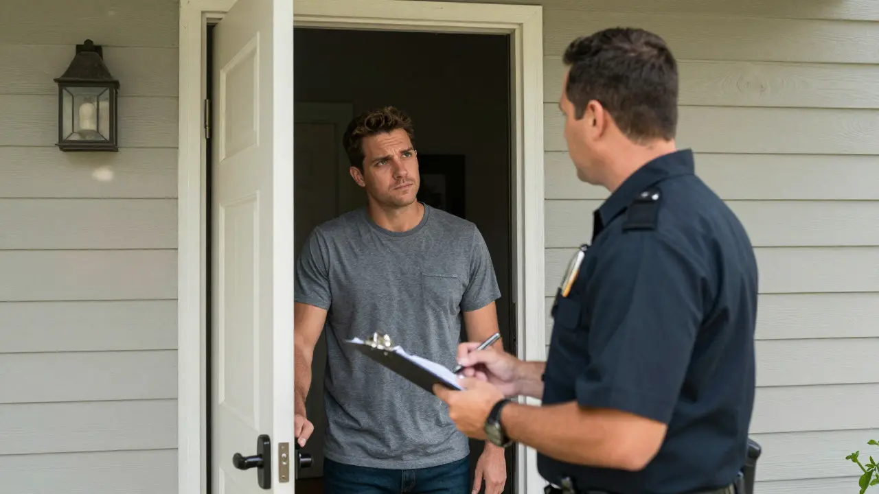 Probation officer speaking with a resident at a front door