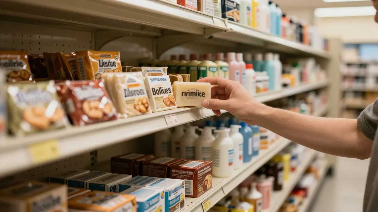 Shelves of permitted items in a prison commissary store
