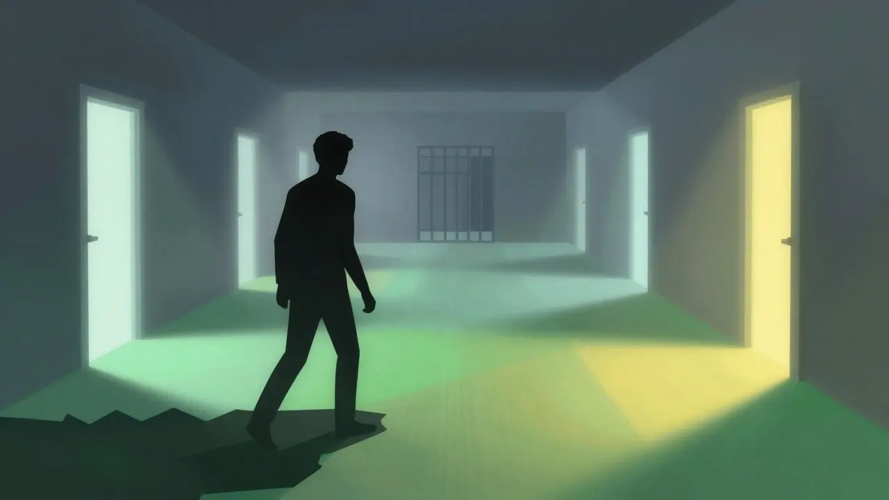 Silhouette emerging from darkness into a bright, open space symbolizing recovery