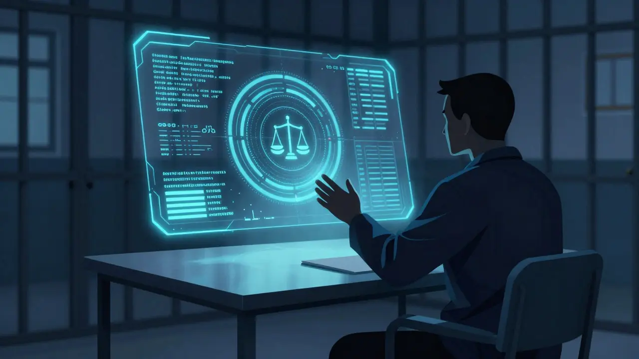 Silhouette of an inmate interacting with a holographic legal database