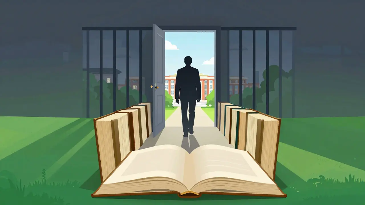 Silhouette stepping from a dark room through a door of books into a bright future.