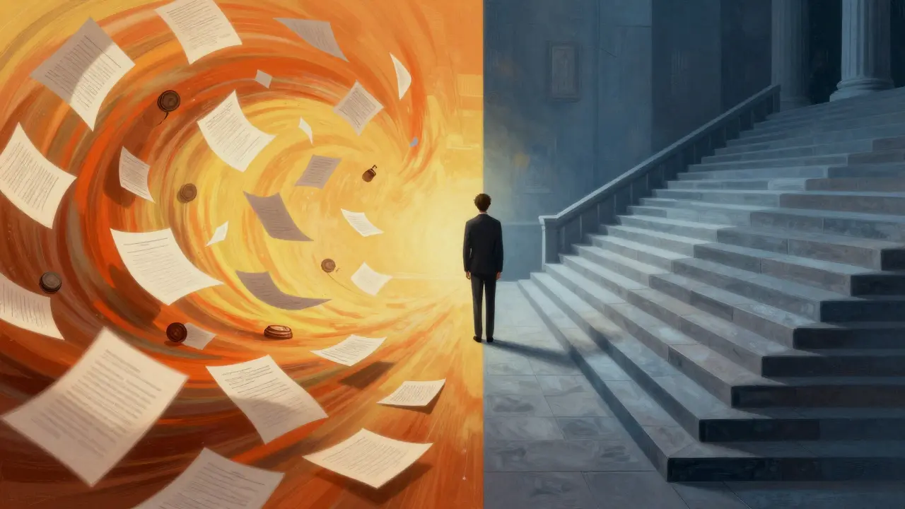 Split image contrasting fast internal appeals with slow legal courts
