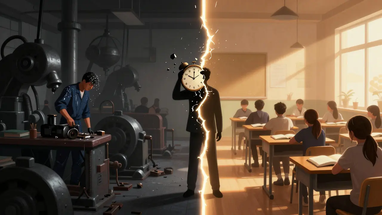 Split-screen art showing the conflict between exhausting prison labor and educational opportunities