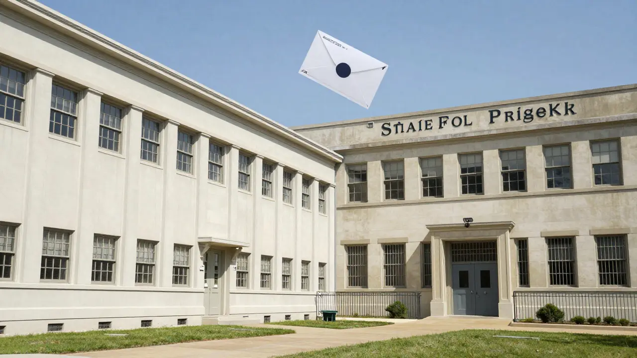 Split view of federal and state prison buildings with a floating letter symbolizing legal rights