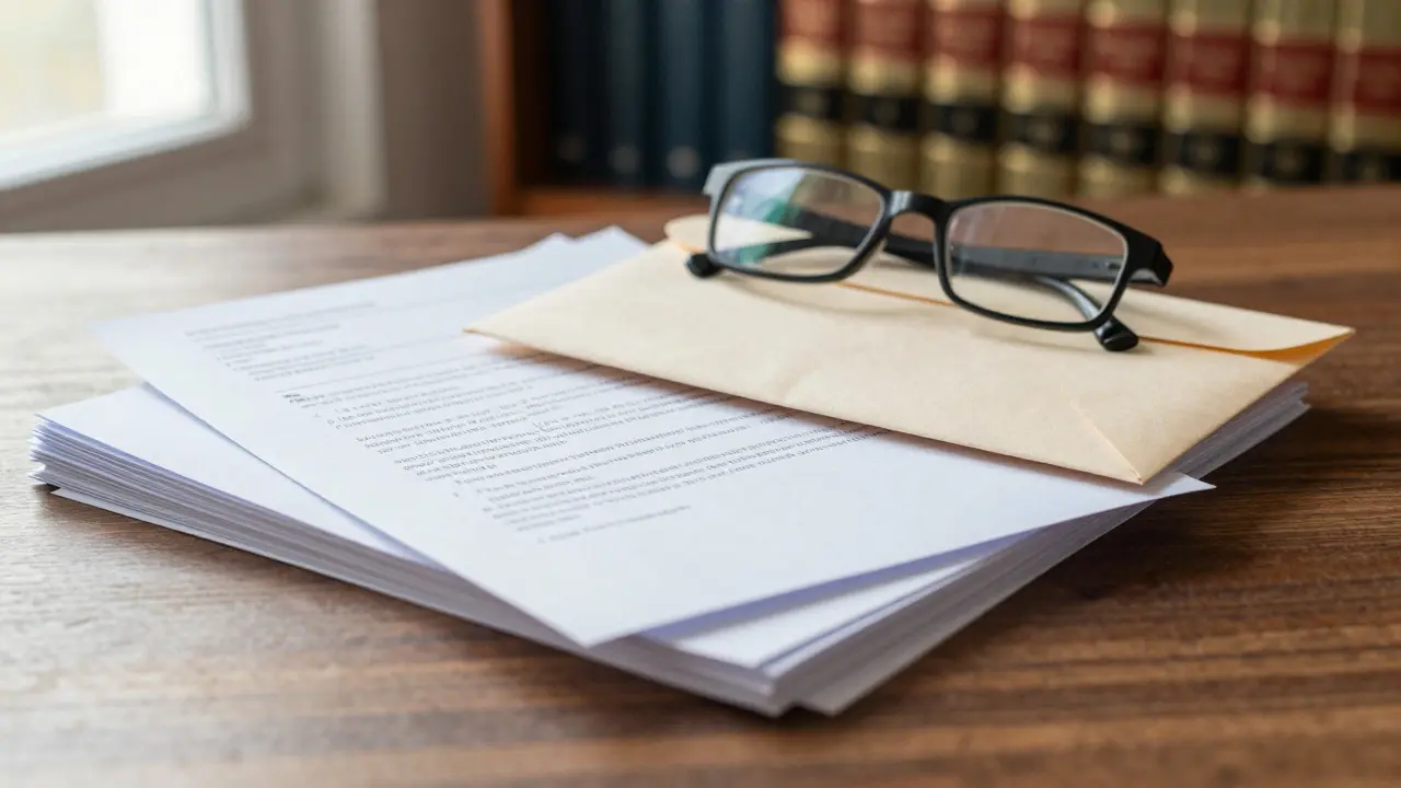 Stack of legal documents and a receipt prepared for a grievance appeal