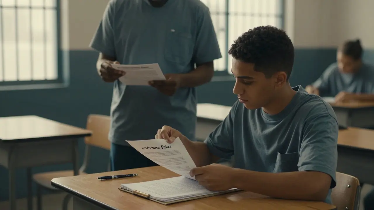 Student organizing document folder in a prison classroom
