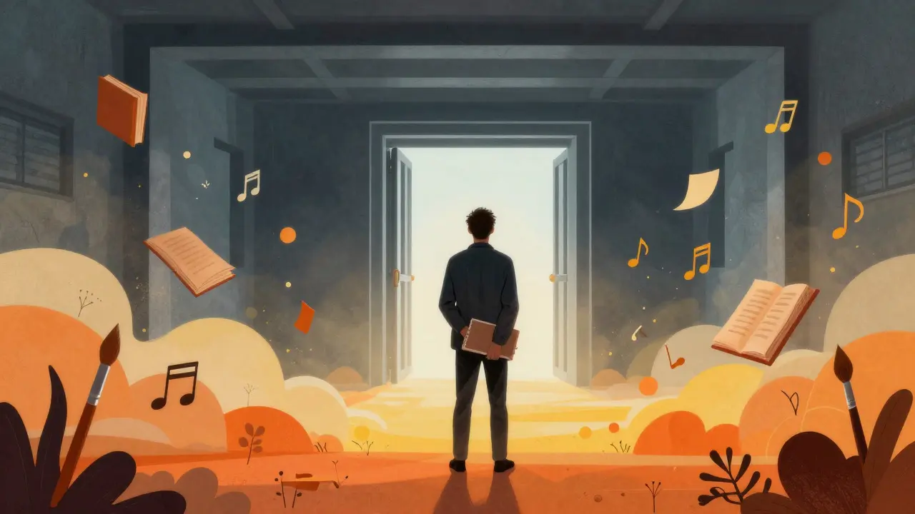 Symbolic illustration of an inmate transitioning from prison to a creative future