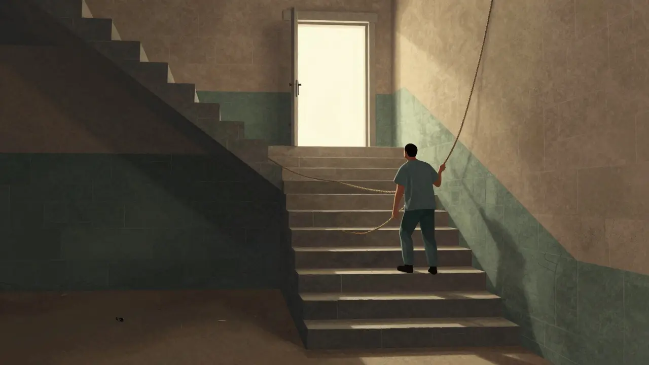 Symbolic staircase representing prison security levels and inmate progress