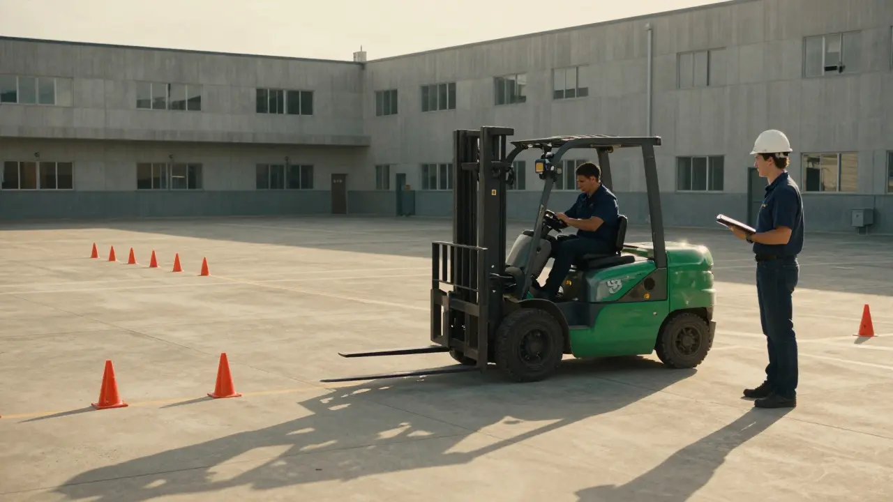 Trainee maneuvering a forklift through a cone course during a supervised practical evaluation