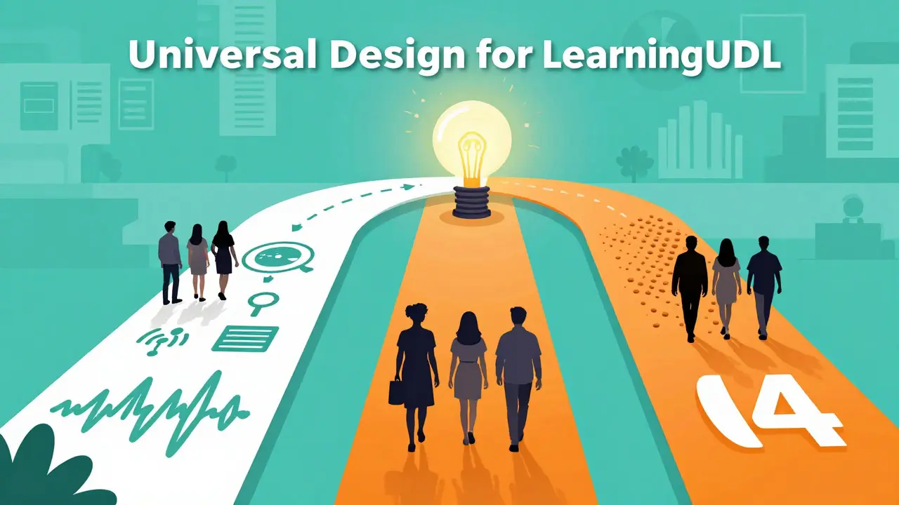 Vector illustration showing three diverse learning pathways converging on a central light to represent universal design