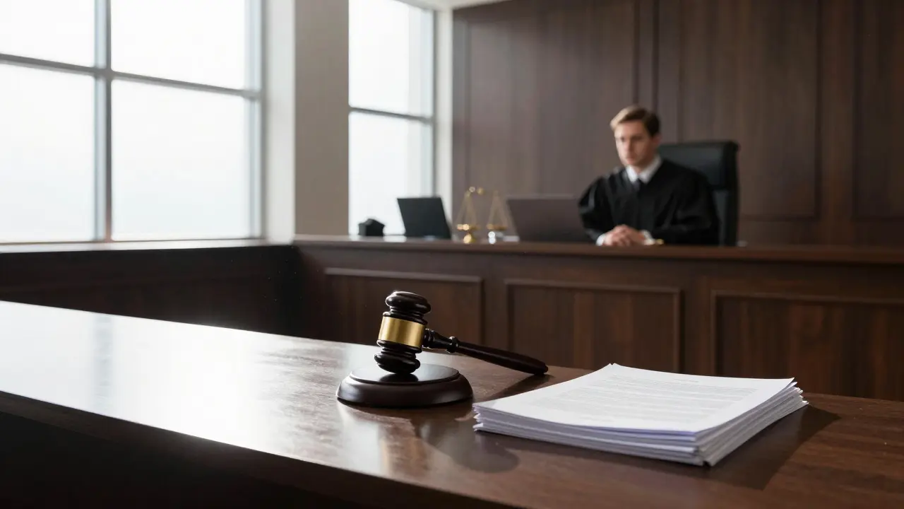 View of a judge's bench in a brightly lit courtroom