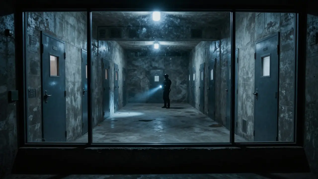 View through glass into a dimly lit maximum-security solitary cell block