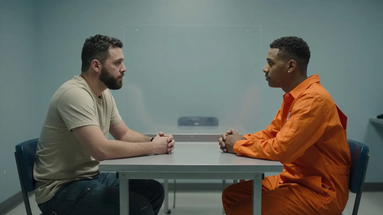 Visitor and inmate communicating respectfully across a table